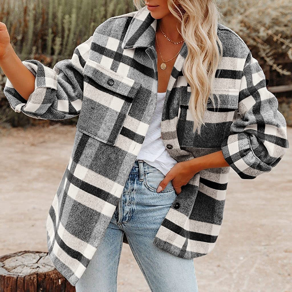 Damen karierte Flanelljacke mit lässigem Schnitt und aufgesetzten Taschen WW