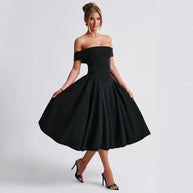 Damen elegantes Abendkleid mit schulterfreiem Design und voluminösem Rock WW