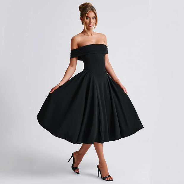 Damen elegantes Abendkleid mit schulterfreiem Design und voluminösem Rock WW