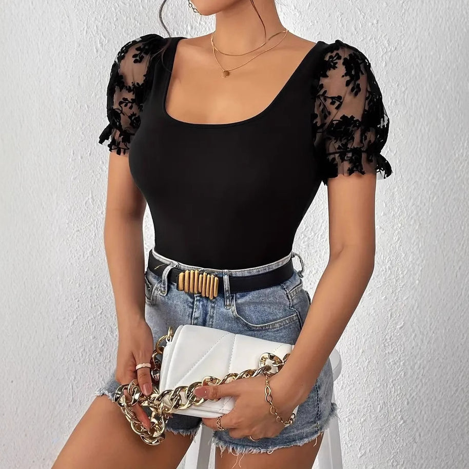 Damen Body mit transparentem Tüllärmel und floralen Akzenten W&W