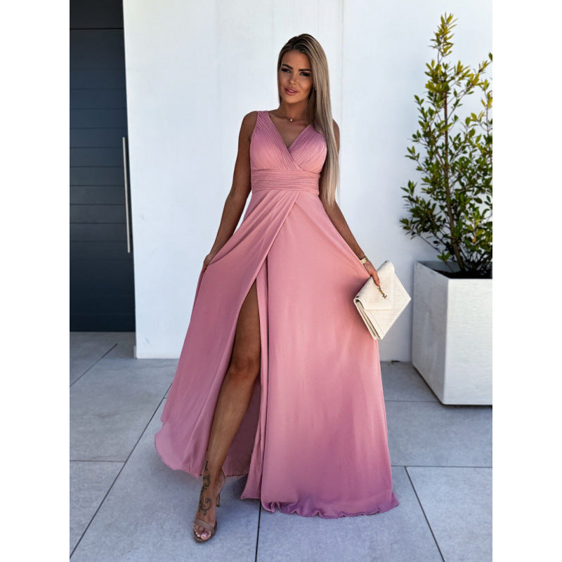 Damen Plissiertes V-Ausschnitt Abendkleid mit Hohem Schlitzdetail WW