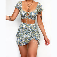 Damen Crop Top und Mini Rock mit floralem Design WW