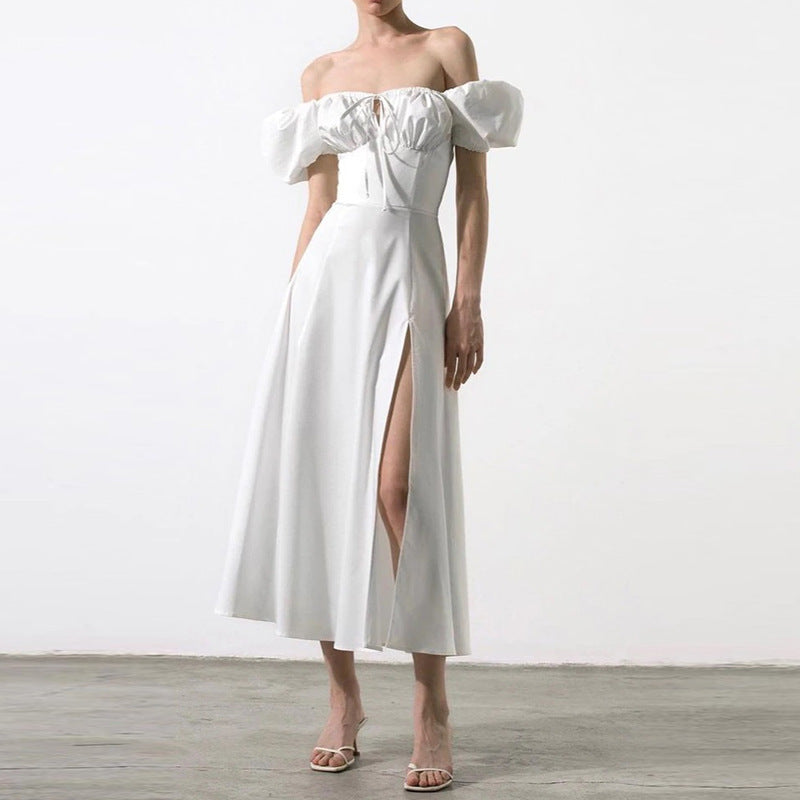 Damen Off-Shoulder Maxikleid mit schmeichelndem Split und elastischem Oberteil W&W Mode