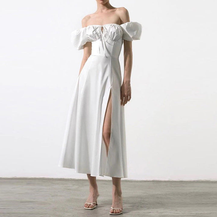 Damen Off-Shoulder Maxikleid mit schmeichelndem Split und elastischem Oberteil W&W Mode