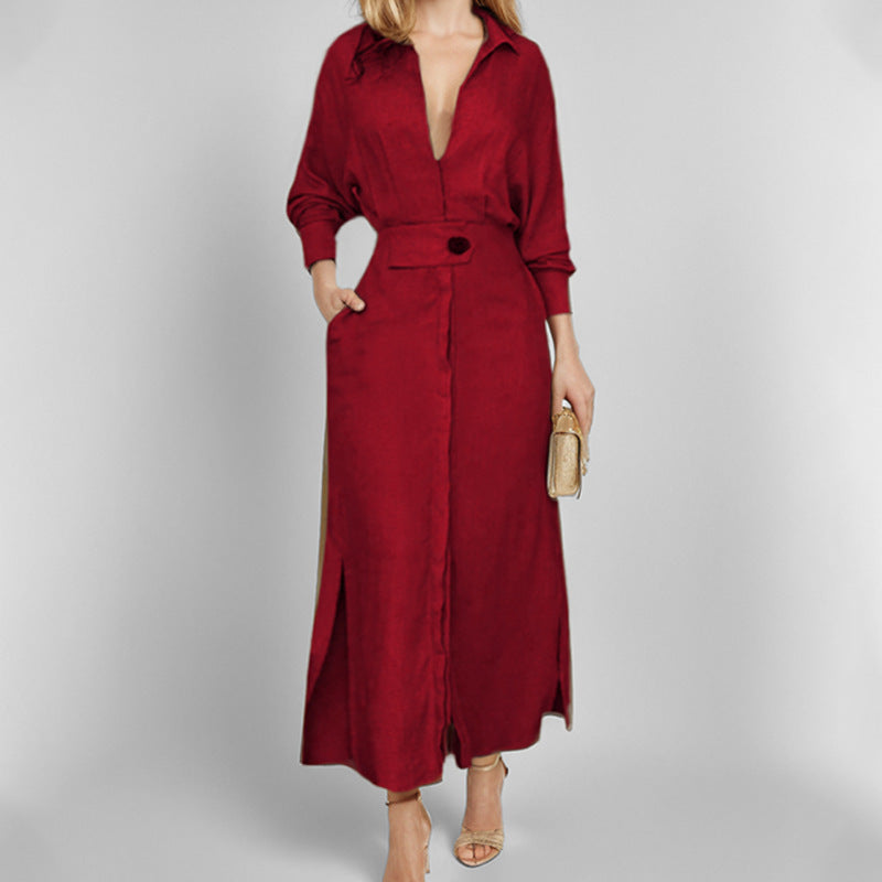Damen Hemdblusenkleid mit tiefem V-Ausschnitt und eleganter Knopfdetail W&W Mode