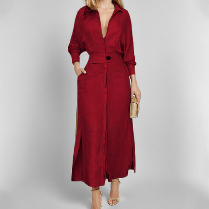 Damen Hemdblusenkleid mit tiefem V-Ausschnitt und eleganter Knopfdetail W&W Mode
