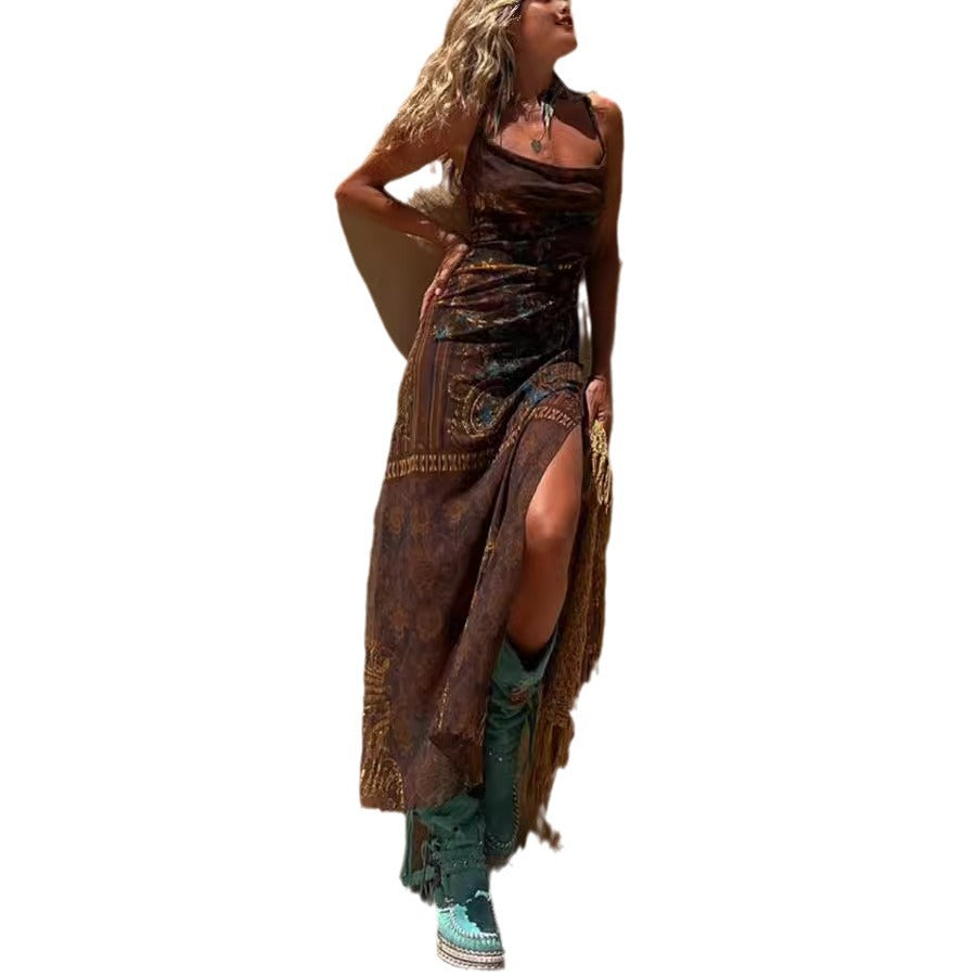 Damen Maxikleid mit asymmetrischem Ethno-Muster und schmalen Spaghettiträgern WW