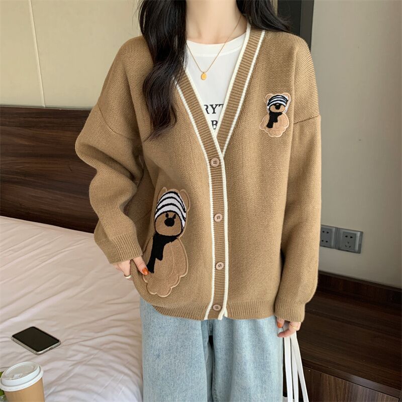 Damen Strickjacke mit Bärenapplikationen und Kontrastdetails WW