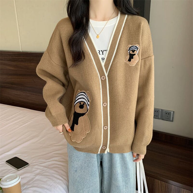 Damen Strickjacke mit Bärenapplikationen und Kontrastdetails WW