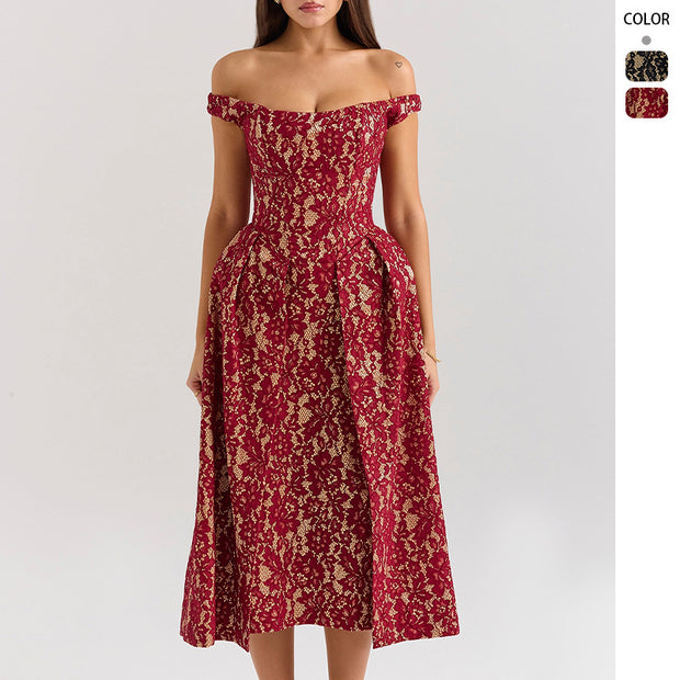 Damen Abendkleid mit schulterfreiem Design und exquisite Spitze WW