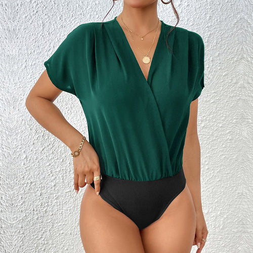 Damen Wickel-Bodysuit mit V-Ausschnitt und eleganten Puffärmeln WW