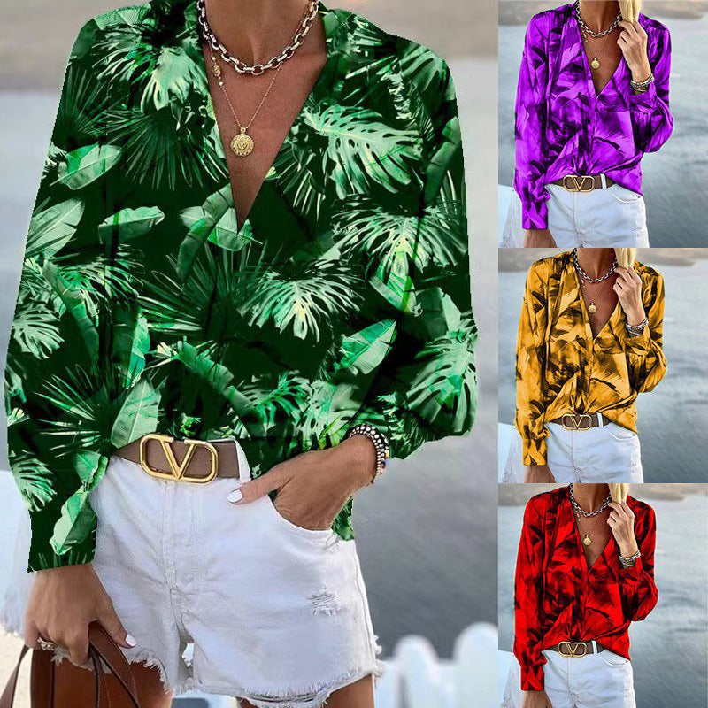 Damen Bluse mit floralem Muster und tiefem V-Ausschnitt WW