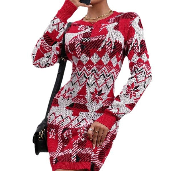 Damen Strickkleid mit festlichem Muster und Rundhalsausschnitt WW