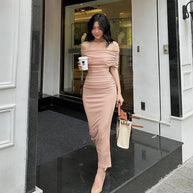 Damen Bodycon Maxikleid mit schulterfreiem Design und Raffungen WW