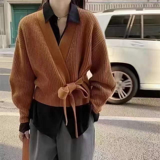 Damen Wickeljacke mit breiten Ärmeln und Taillenknoten WW