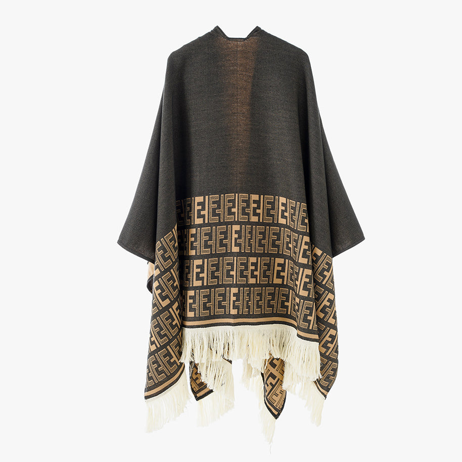 Damen eleganter Überwurf-Poncho mit kunstvollem Fransen-Design und besonderen grafischen Mustern WW