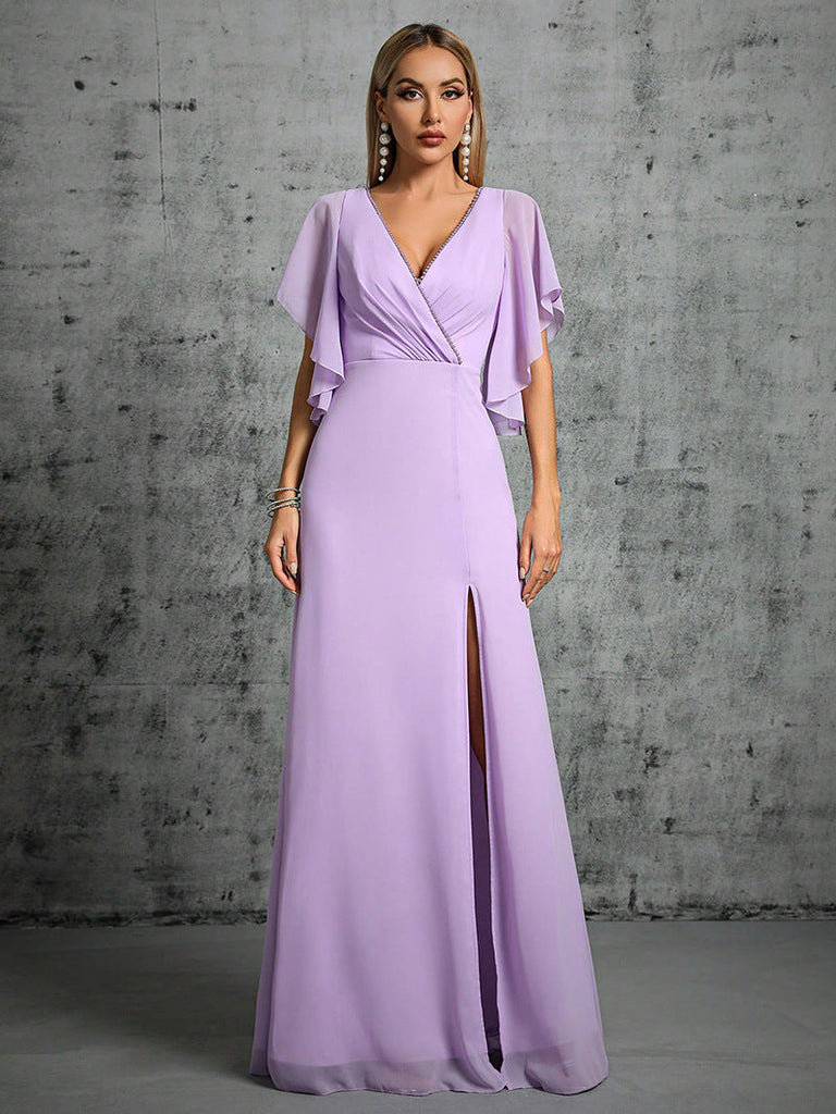 WW | Abendkleid V-Ausschnitt Einfach Einfarbig Kleid Cocktail Jährliches Treffen Brautjungfernkleid Sommer