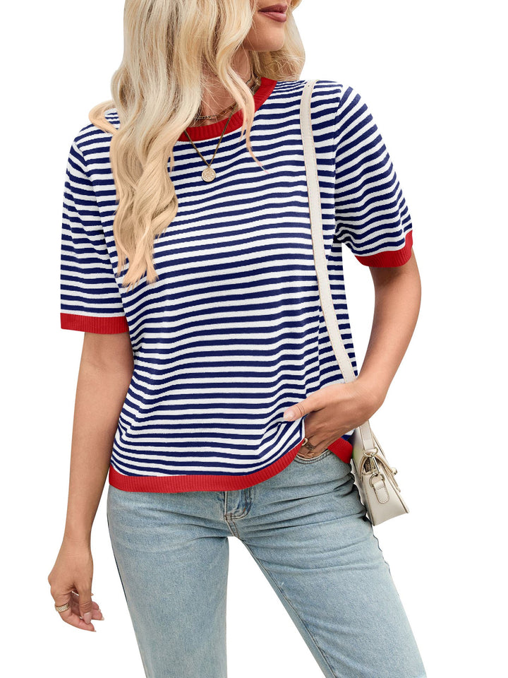 Damen bequeme gestreifte Freizeitbluse mit Kontrastkragen W&W Mode