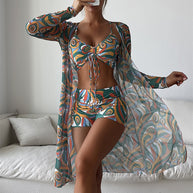 Damen Bikiniset mit schönem Bindeband und floralem Kimono WW