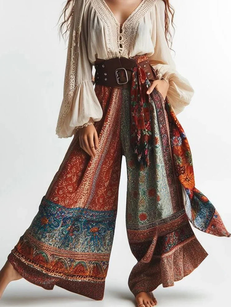 Damen weite Palazzohose mit buntem Mandala-Design und hohem Bund WW