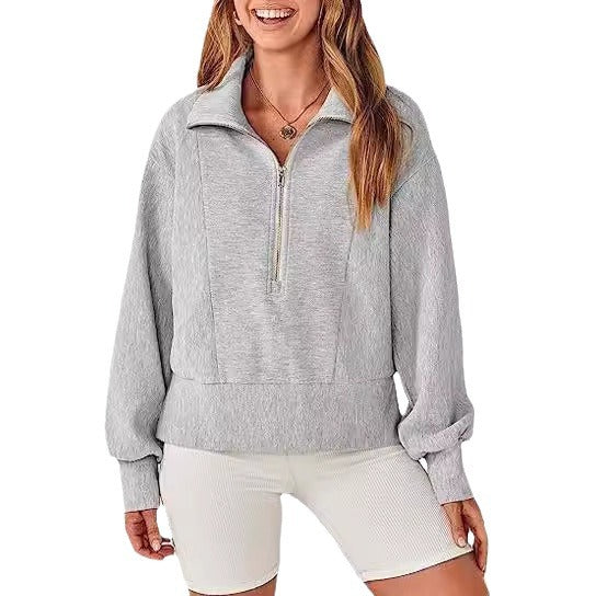 Damen sportlicher Fleece-Pullover mit Reißverschluss und lässigem Schnitt WW