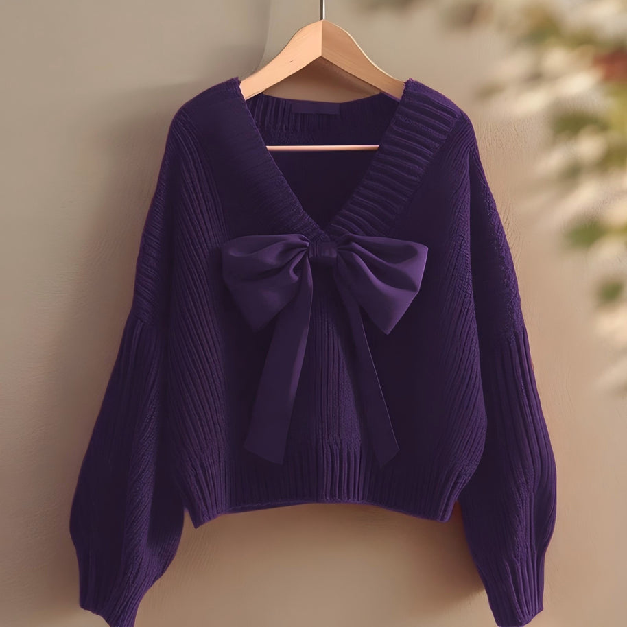 Damen Strickpullover mit V-Ausschnitt und dekorativem Schleifenakzent WW