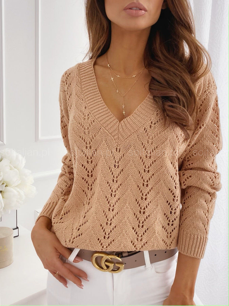 Damen Strickpullover mit V-Ausschnitt und kunstvollen Lochmustern WW