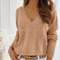 Damen Strickpullover mit V-Ausschnitt und kunstvollen Lochmustern WW