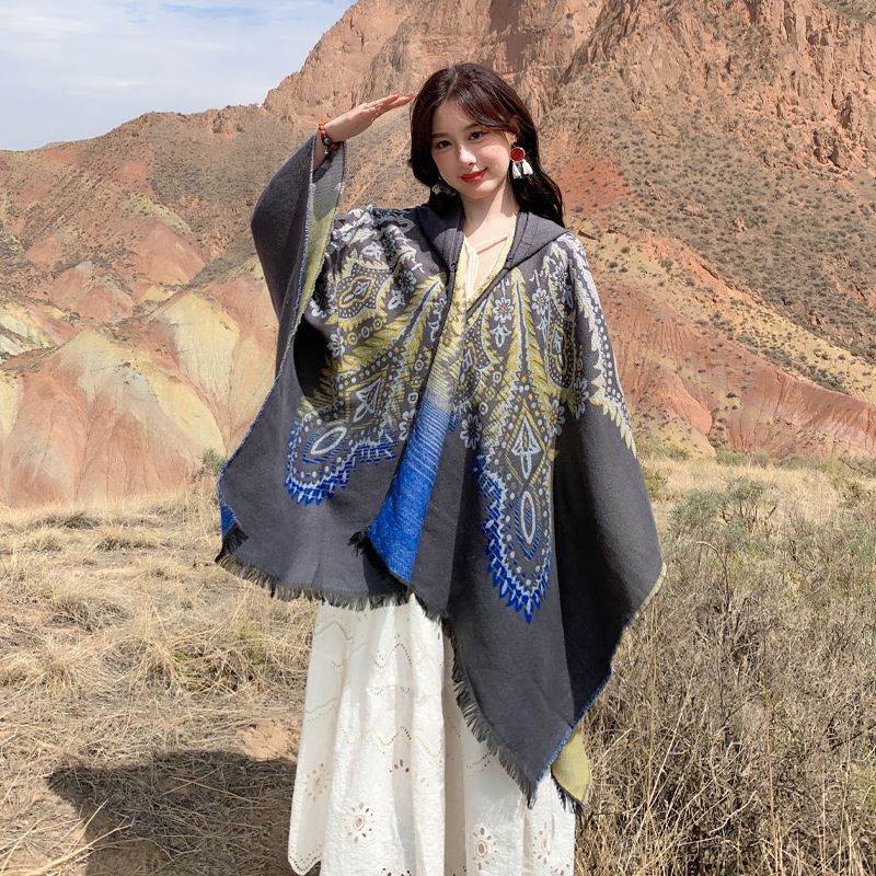 Damen Poncho mit Kapuze und kunstvollem Paisleymuster WW