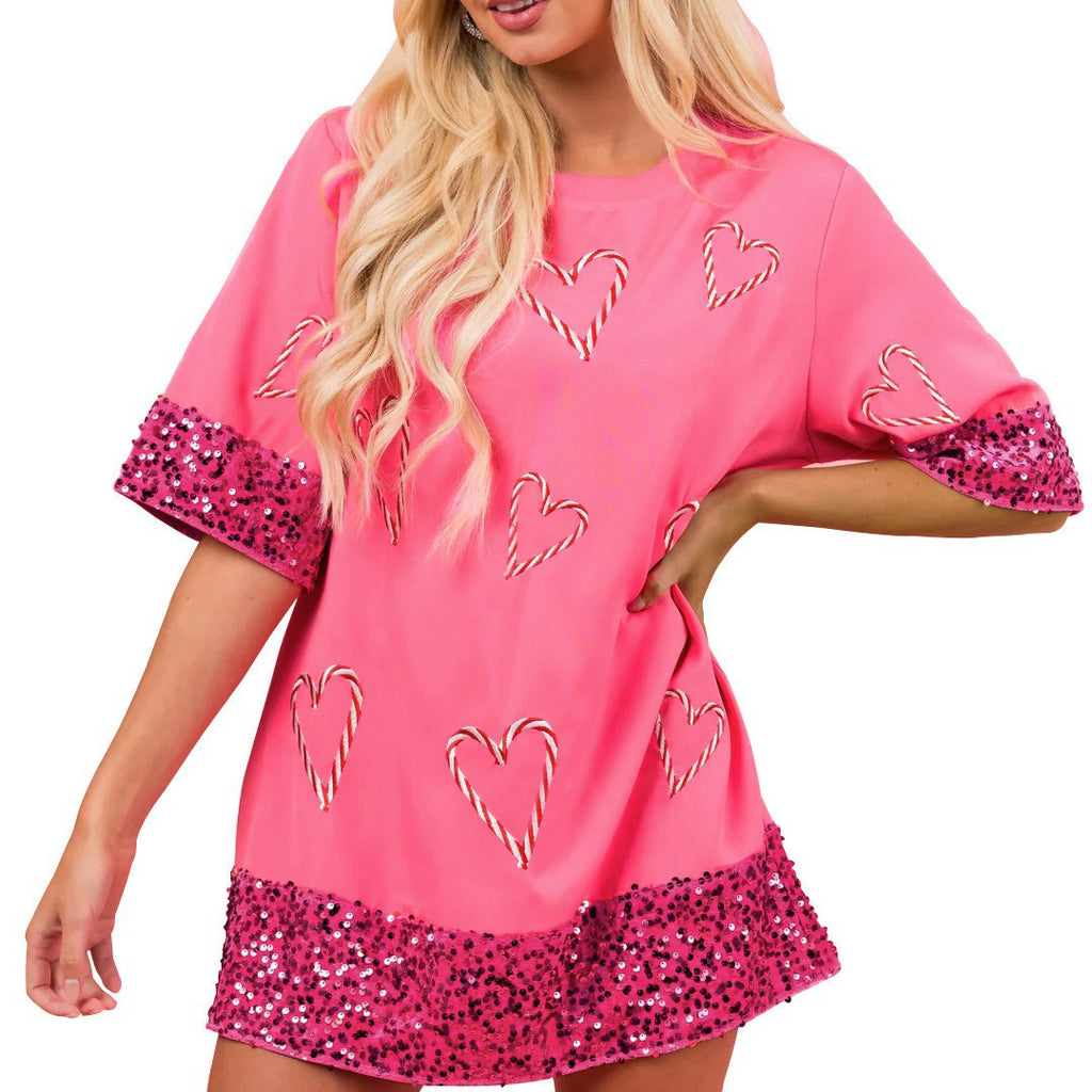 Damen lässiges Oversized Kleid mit Glitzerbesatz und Herzdesign WW