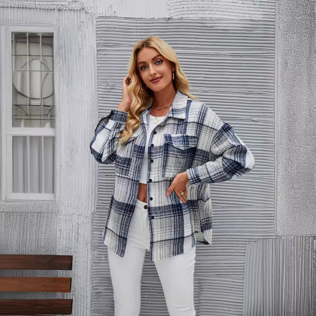 Damen lässige Flanellhemdjacke mit karriertem Design und praktischen Brusttaschen W&W Mode