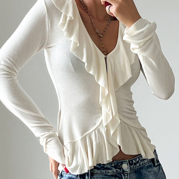 Damen Rüschenbluse mit verführerischem V-Ausschnitt und elastischem Saum WW