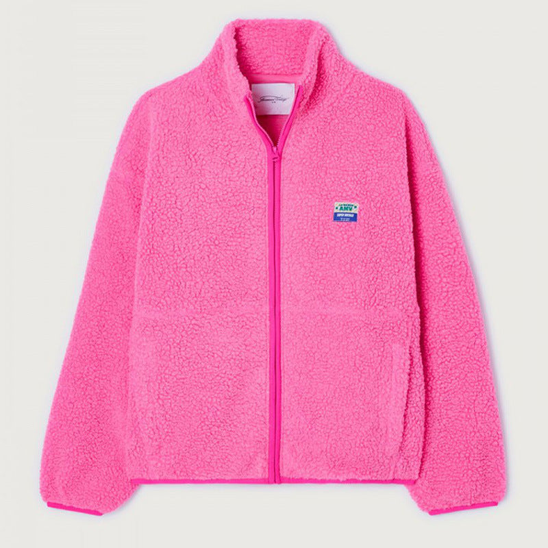 Damen Flauschige Fleecejacke mit hohen Kragen und seitlichen Taschen W&W Mode