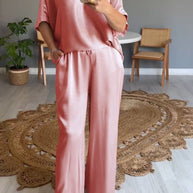 WW | Einfarbiger, seidiger V-Ausschnitt lässiger Anzug