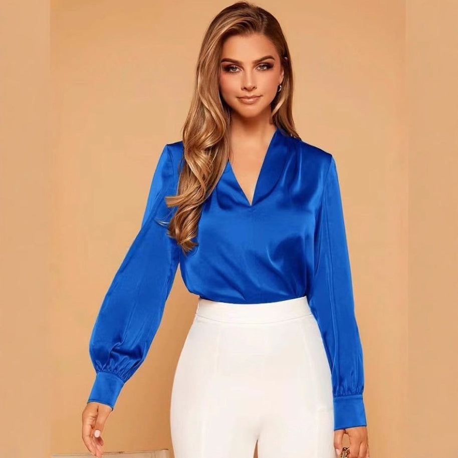 WW | V-Ausschnitt Langarm Satin Bluse