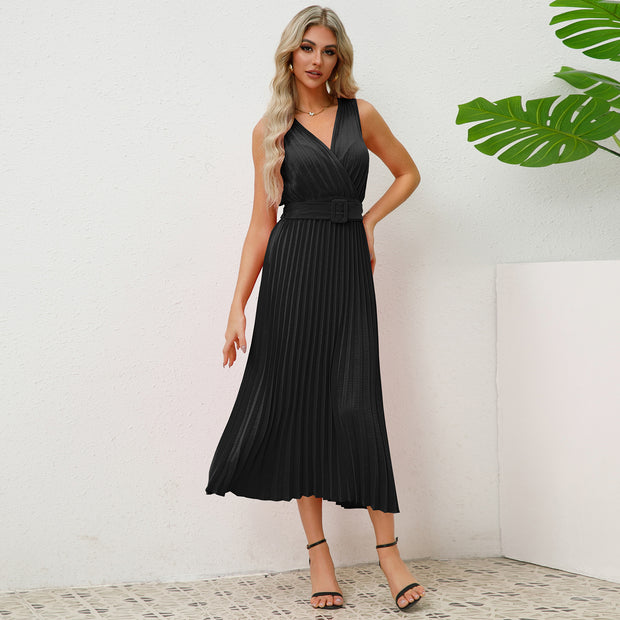 Damen Plissee Maxikleid mit taillierbarem Gürtel und elegantem V-Ausschnitt WW