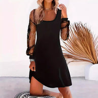 Damen asymmetrisches Kleid mit transparenten Puffärmeln und schimmernden Akzenten WW
