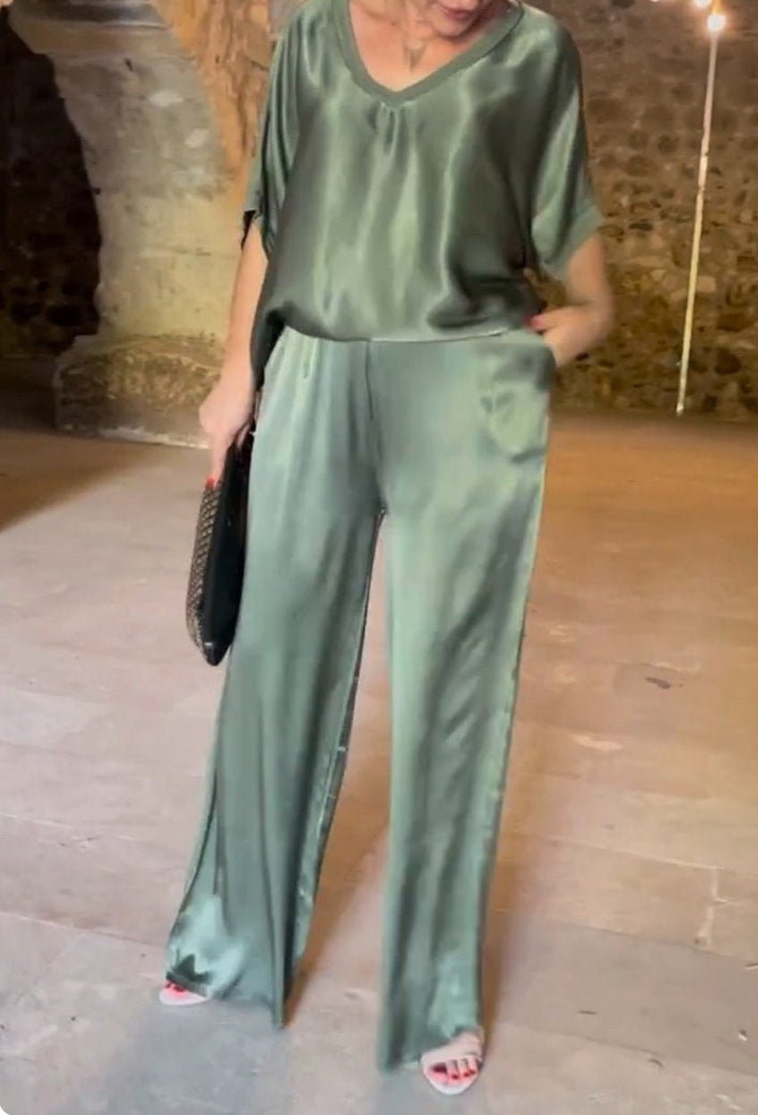 WW | Einfarbiger, seidiger V-Ausschnitt lässiger Anzug