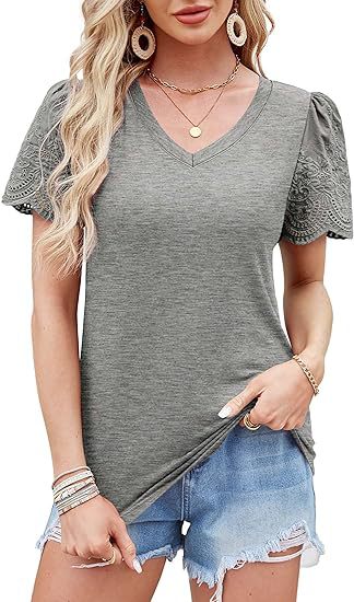 Damen V-Ausschnitt T-Shirt mit Spitzenärmeln WW