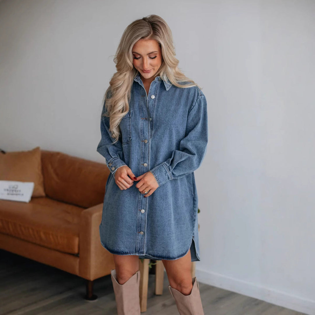 Damen Denim Hemdkleid mit exklusivem Gürtel und praktischen Taschen W&W Mode