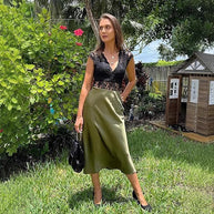 Damen eleganter Midi-Rock aus satinierter Viskose mit fließendem Fall WW
