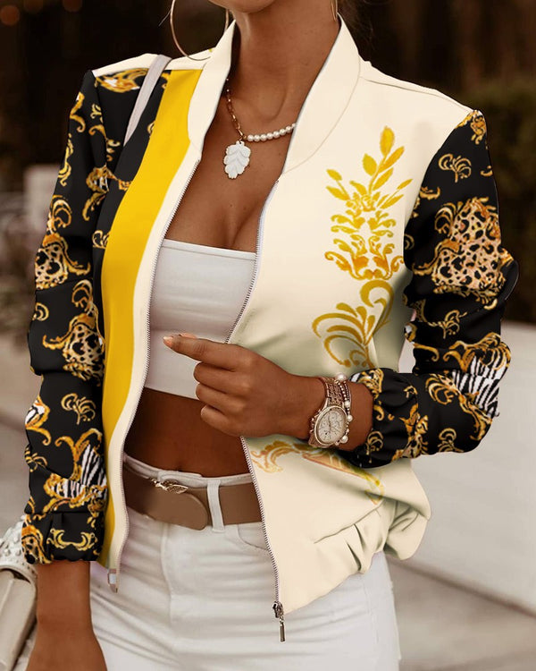 Damen sportliche Bomberjacke mit floralem Design und kontrastierenden Ärmelakzenten WW