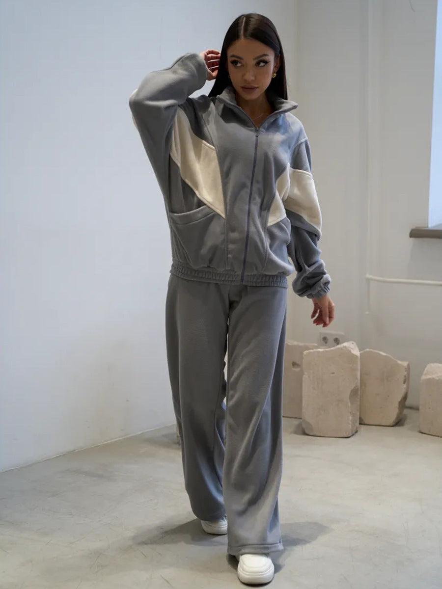 Damen sportliches Fleece-Set mit hochgeschlossenem Kragen und weiten Hosen WW