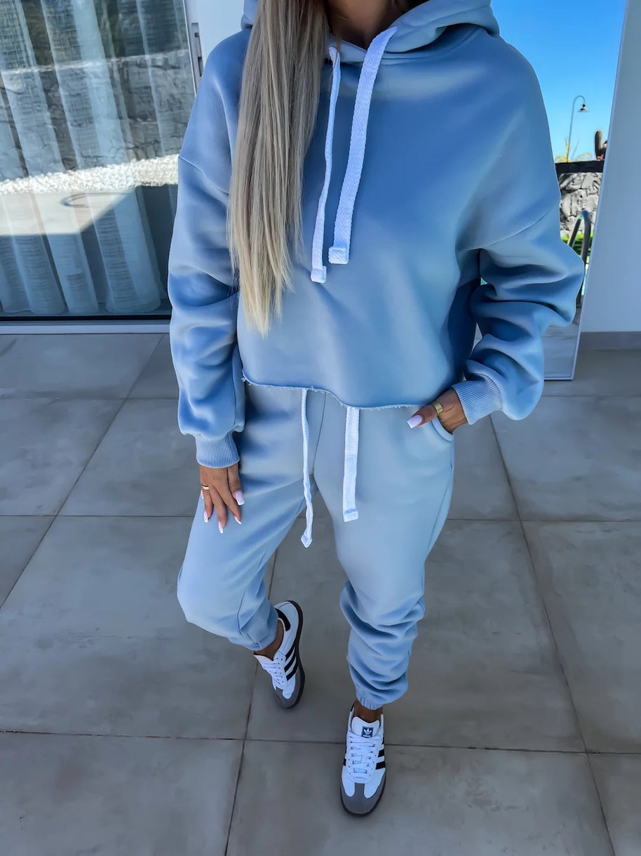 Damen bequemer Cropped Hoodie mit elastischem Bund und lässiger Jogginghose Set WW