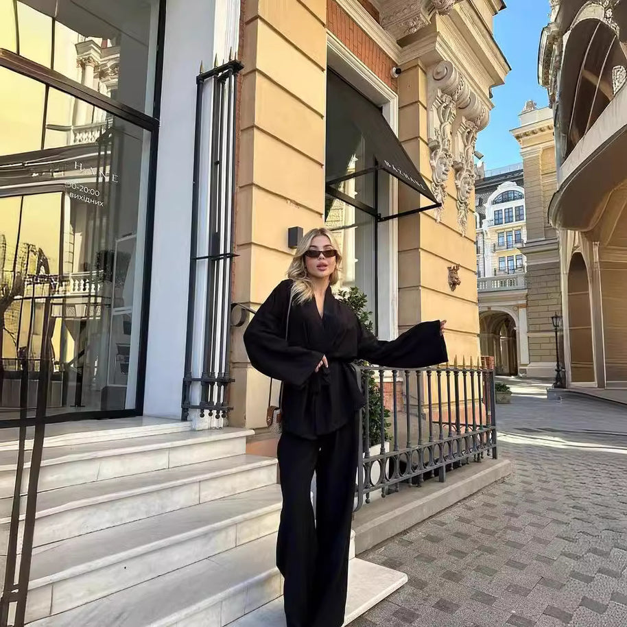 Damen Set aus leichtem Blazer und weiter Hose im floralem Design WW