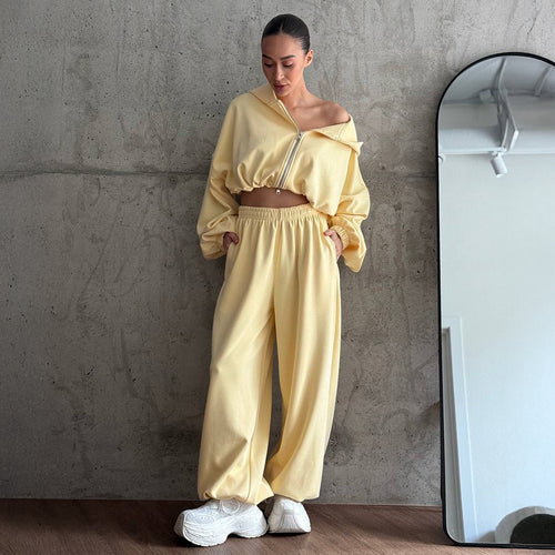 Damen Sportliches Crop-Hoodie-Set mit weitem Schnitt und Bund WW