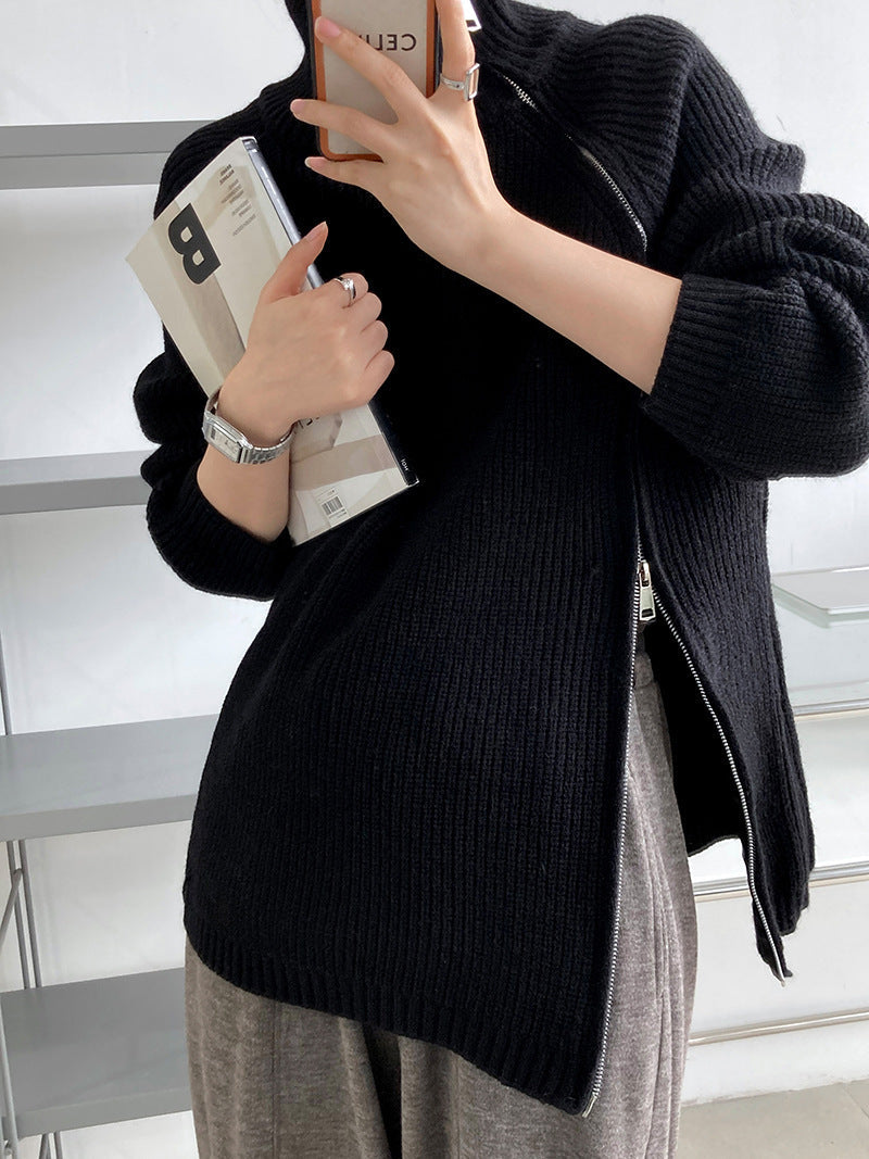 W&W Mode Rollkragenpullover mit Seitenschlitz einfarbig gestrickt