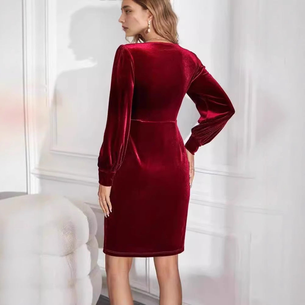 Damen Samt Kleid mit elegantem V-Ausschnitt und Puffärmeln WW