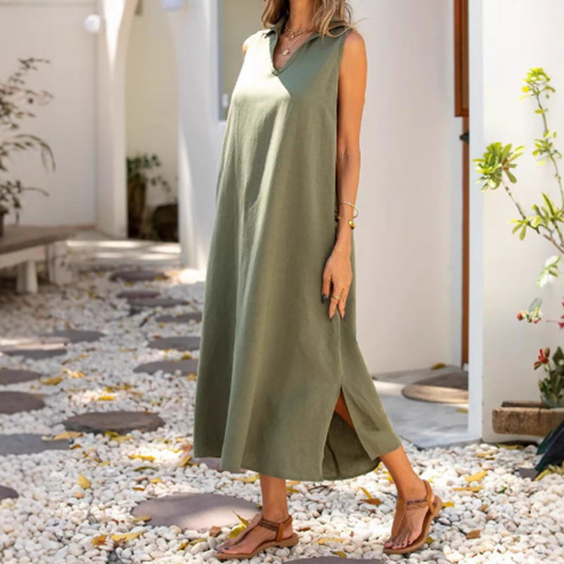 Damen ärmelloses Maxikleid mit tiefem V-Ausschnitt und seitlichen Schlitzen WW