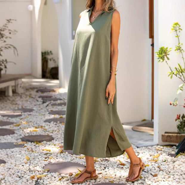 Damen ärmelloses Maxikleid mit tiefem V-Ausschnitt und seitlichen Schlitzen WW